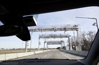 Multiple gantries and equipment viewed from car