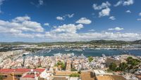 High angle view of Eivissa port and old town buildings, Ibiza, Spain