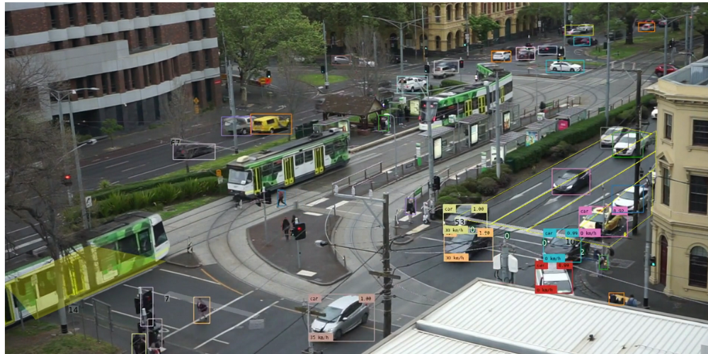 Stadtstraße mit Autos und Bussen
