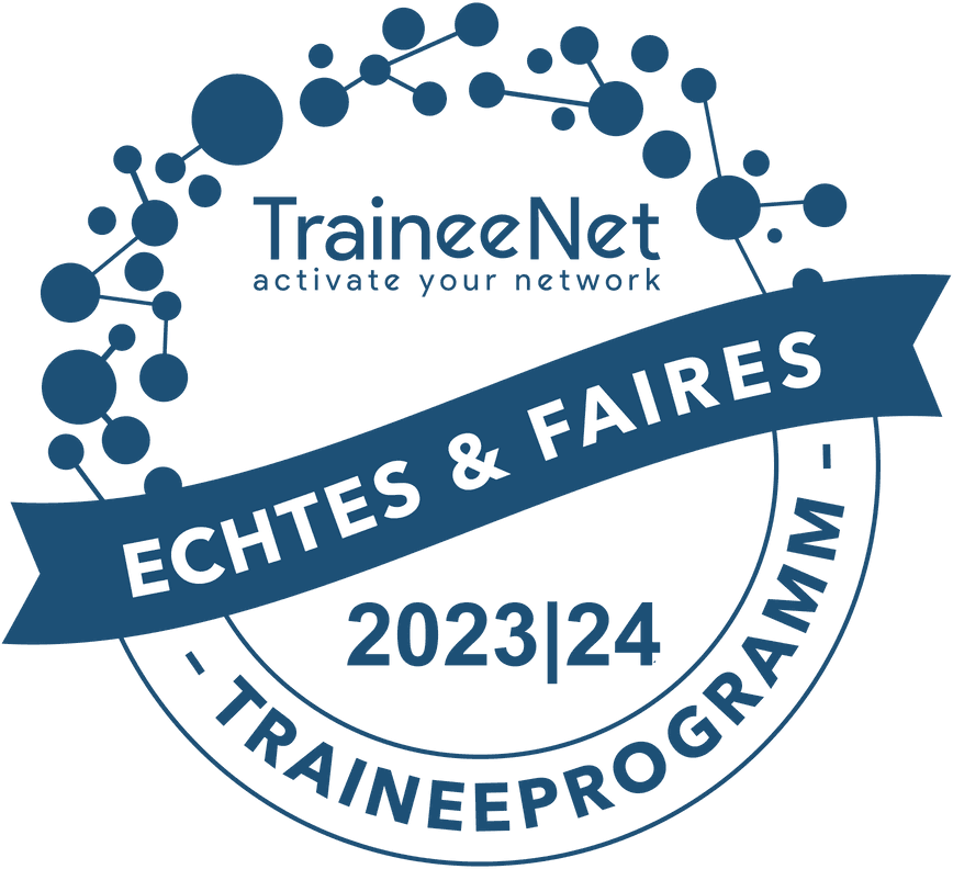 Blauer Kreis mit weißem Text und blauem Band.