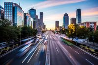 Futuristic city at dusk