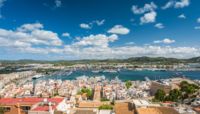High angle view of Eivissa port and old town buildings, Ibiza, Spain