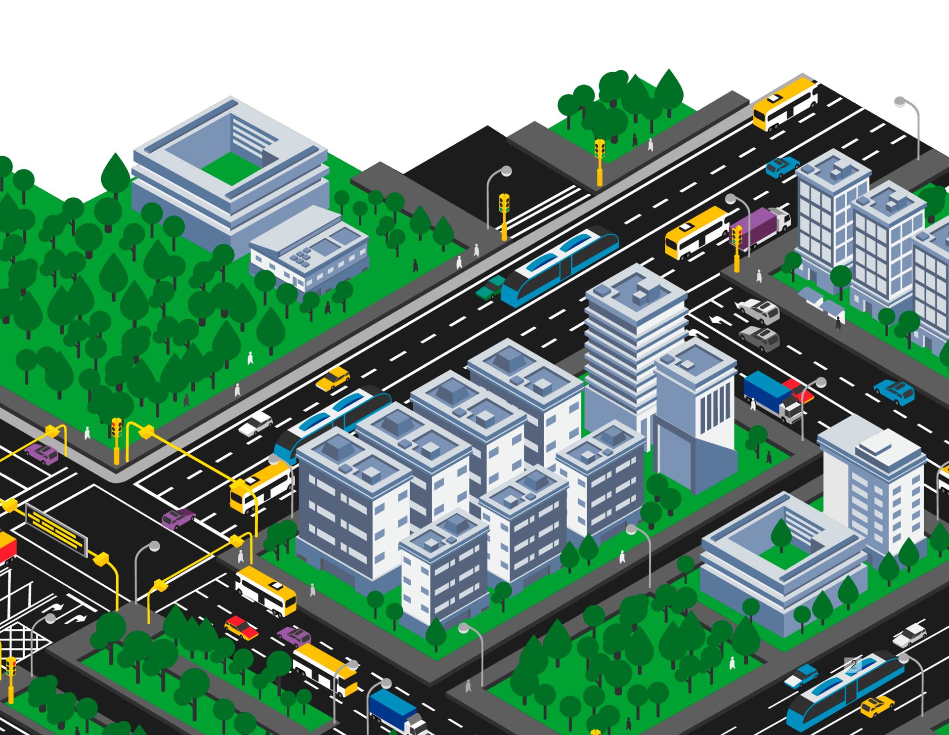 Stadt mit vielen Gebäuden und Bäumen.