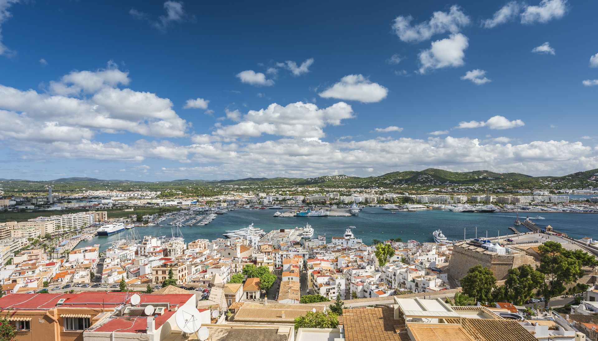 High angle view of Eivissa port and old town buildings, Ibiza, Spain