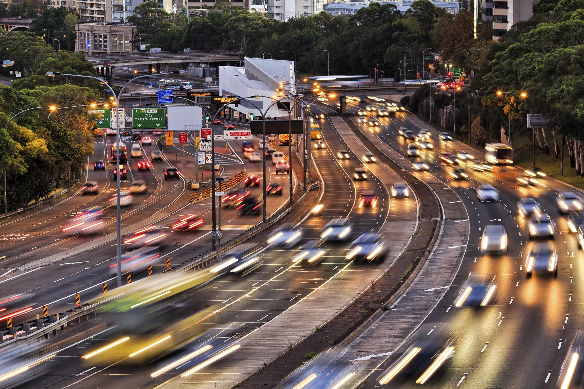 Sydney warringah freeway rush hour traffic with blurred head lights at sunset (KTC2479)